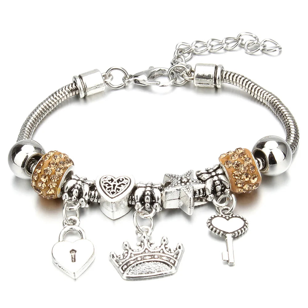 Charm Bracelet & Bangles Jewelry 6 Color Clay Zircon Ball Crown key lock Shape Beads Bracelets For Women Girl Friendship Gift