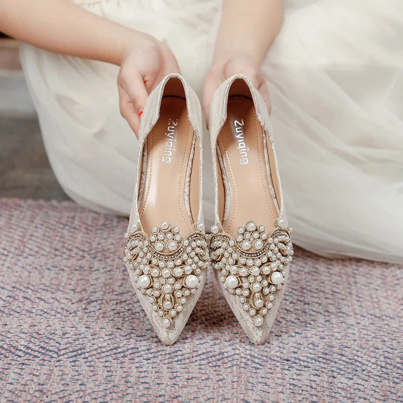 Designer Beads Wedding Shoes Women 2026 Lace Embroider Flats Woman Ballerina Pointed Toe Pearl Loafers Sneakers Plus Size 35-43