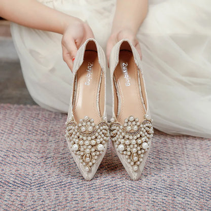 Designer Beads Wedding Shoes Women 2026 Lace Embroider Flats Woman Ballerina Pointed Toe Pearl Loafers Sneakers Plus Size 35-43