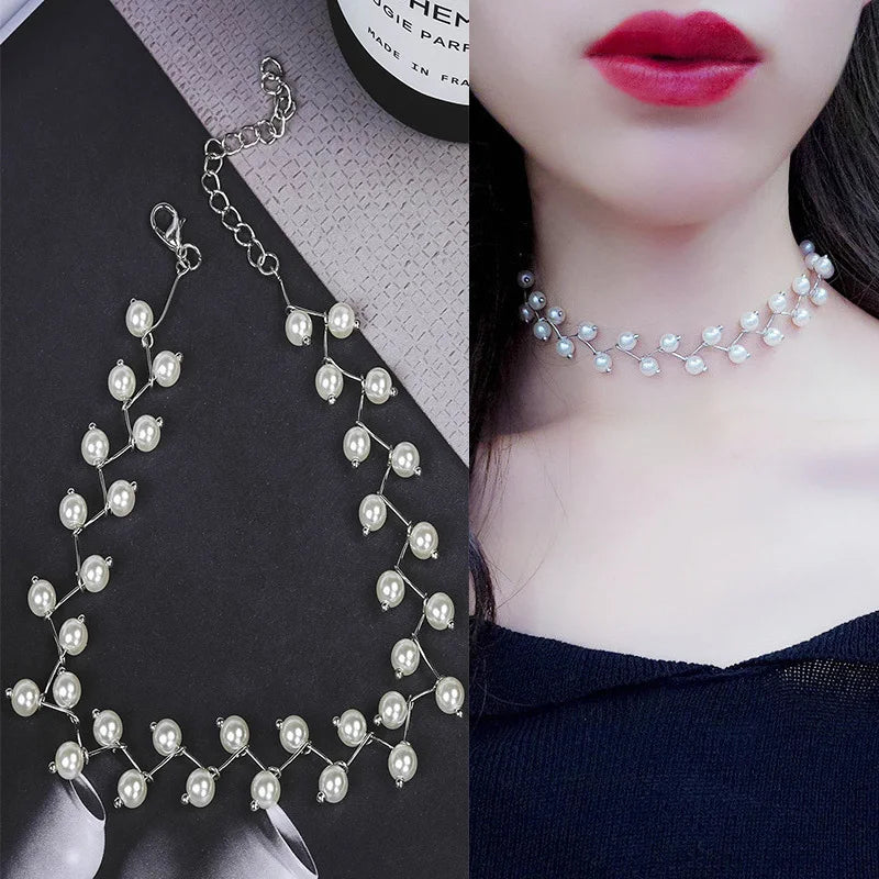 New Korean Pearl Necklaces for Women Gold Color Link Chain Choker Fashion Neck Accessories Elegant Collar Bijoux Femme