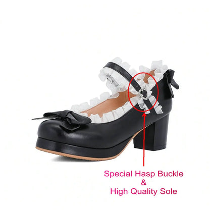Bow & Ruffle Mary Jane Block-Heel Shoes