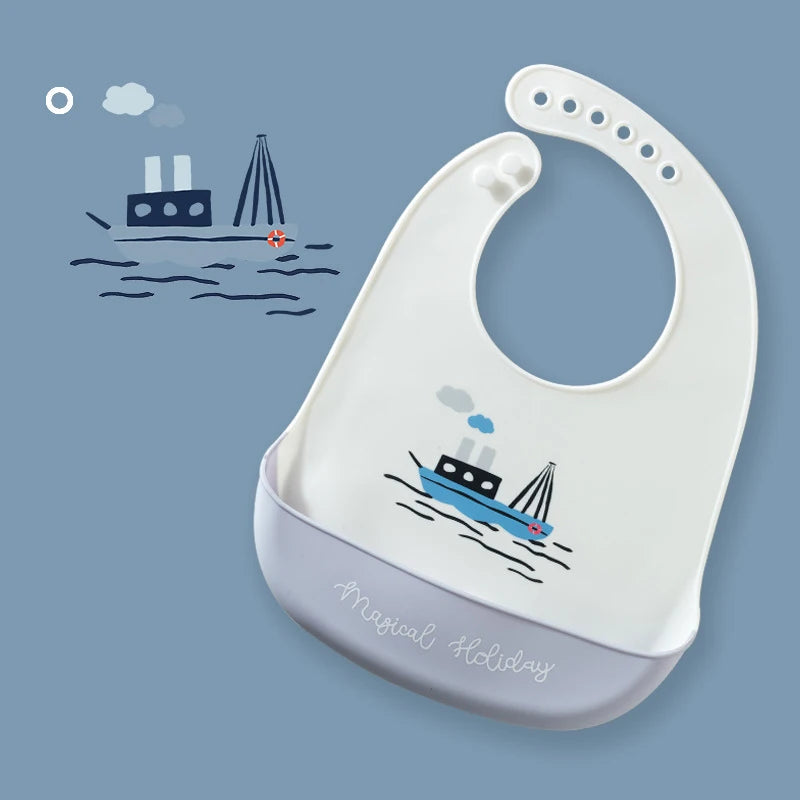 2021 Cute Baby Bibs Waterproof Silicone Bib Feeding Infant Newborn Cartoon Apron ToddlerX Adjustable Bib Burp Cloths with Pocket