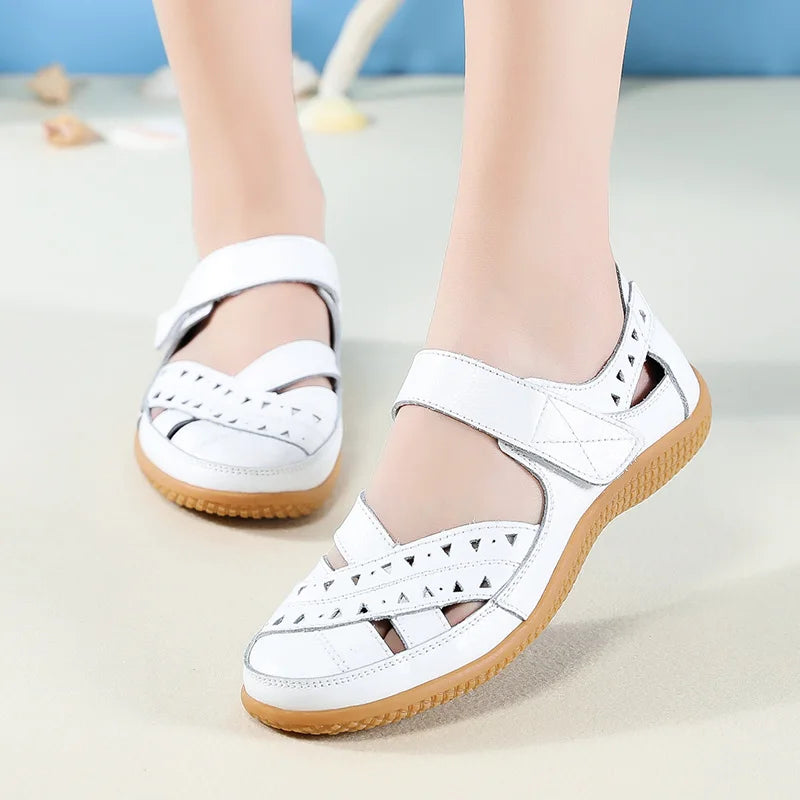 2021 New Women Sandals Leather Ladies Sandals Comfortable Flats Walking Sandals Covered Toe Beach Shoes Woman Footwear