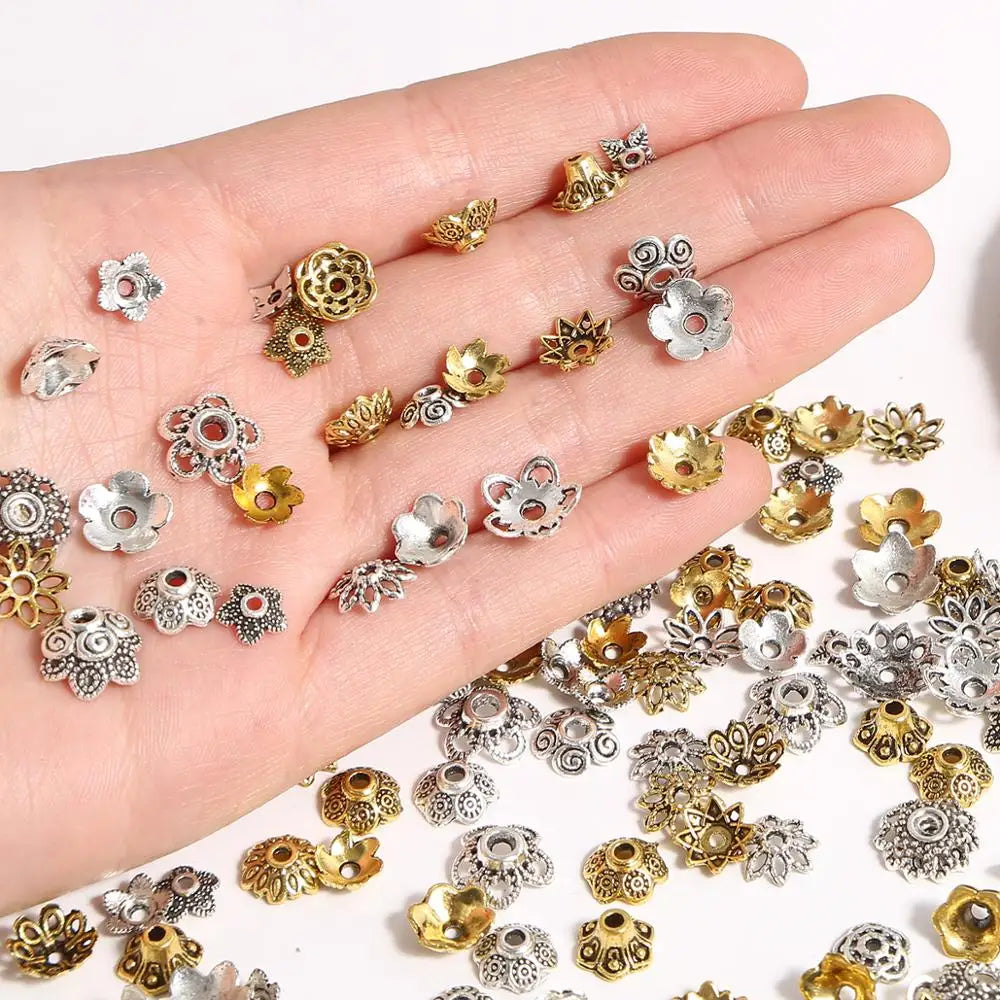 50pcs Tibetan Antique Silver Color Gold Leaf Flower Bead End Caps For Jewelry Making Needlework Spacer Bead Caps DIY Accessories