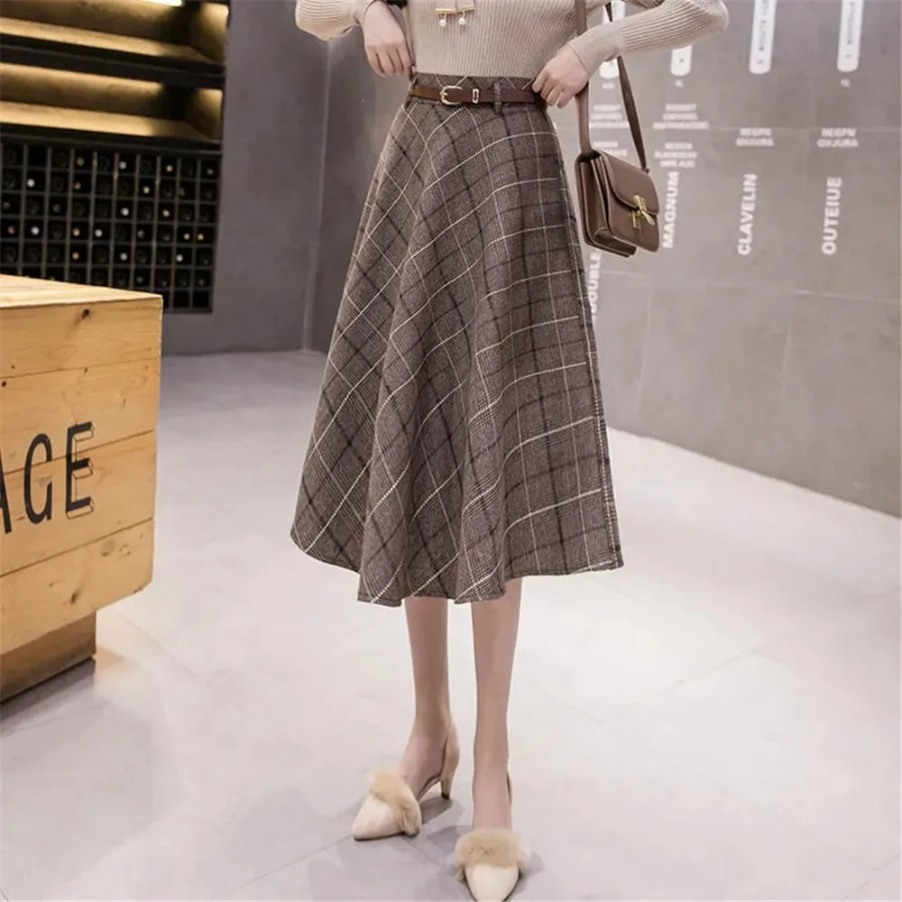 Autumn Winter Warm Vintage Plaid Midi Skirt Women Korean High-Waisted A-Line Skirt Temperament Umbrella Long Skirt With Belt
