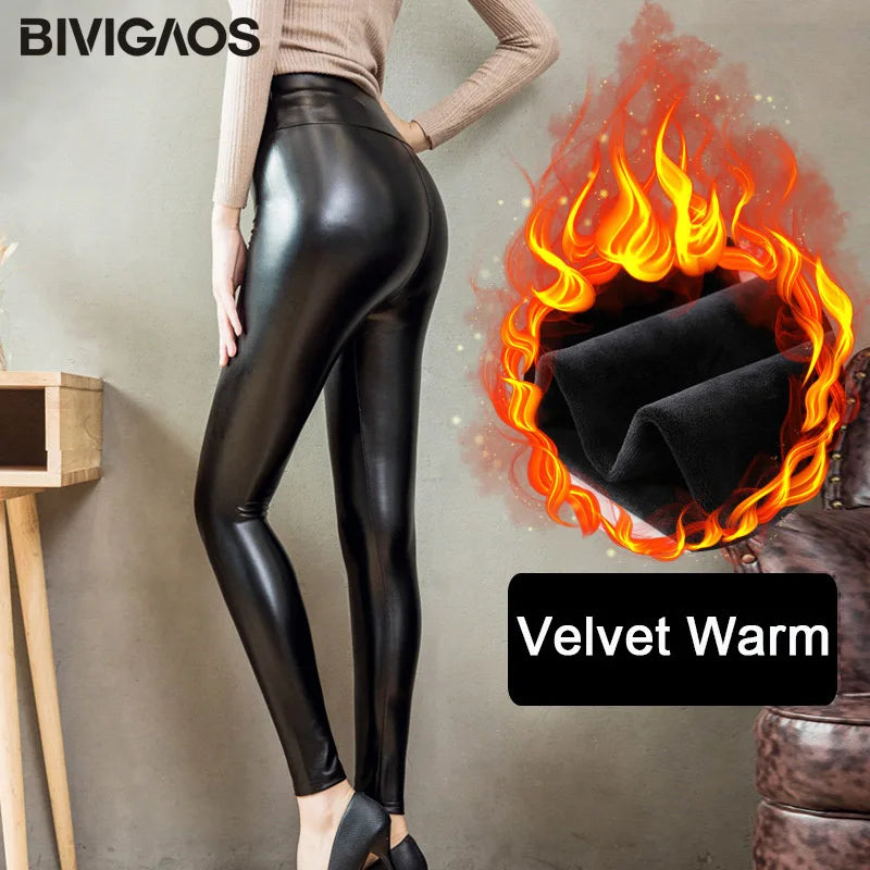 BIVIGAOS Women Autumn Black PU Leather Legging Pants Velvet Thick Warm Leggings Slim Sexy Push Up Leggings Skinny Trousers Women