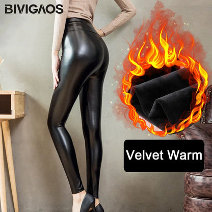 BIVIGAOS Women Autumn Black PU Leather Legging Pants Velvet Thick Warm Leggings Slim Sexy Push Up Leggings Skinny Trousers Women