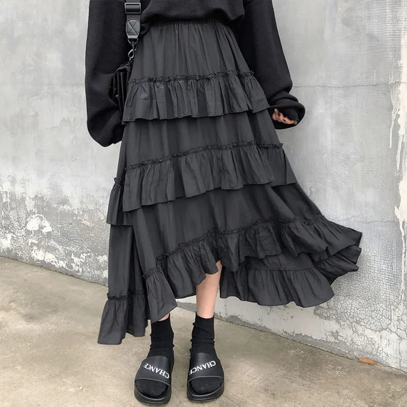 Qiukichonson Midi Long Skirts Womens Maxi Skirt Goth Lolita Summer High Waisted Asymmetrical High Low Ruched Ruffle Skirts rok