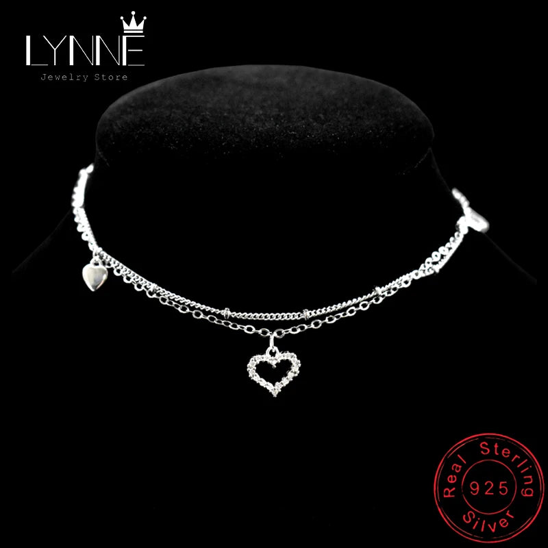 New Fashion 925 Sterling Silver Heart Rhinestone CZ Pendant Double Layer Anklets Women Jewelry Summer Zircon Foot Chain Bracelet