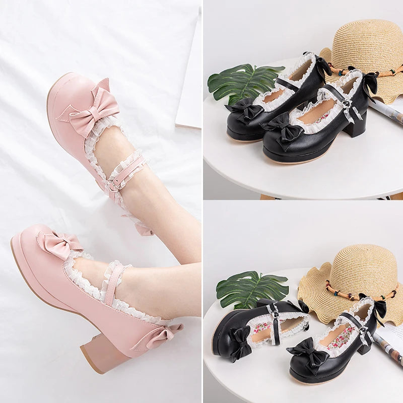 Bow & Ruffle Mary Jane Block-Heel Shoes