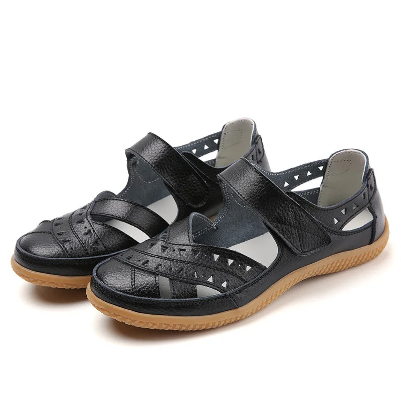 2021 New Women Sandals Leather Ladies Sandals Comfortable Flats Walking Sandals Covered Toe Beach Shoes Woman Footwear