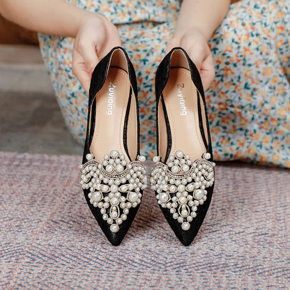 Designer Beads Wedding Shoes Women 2026 Lace Embroider Flats Woman Ballerina Pointed Toe Pearl Loafers Sneakers Plus Size 35-43
