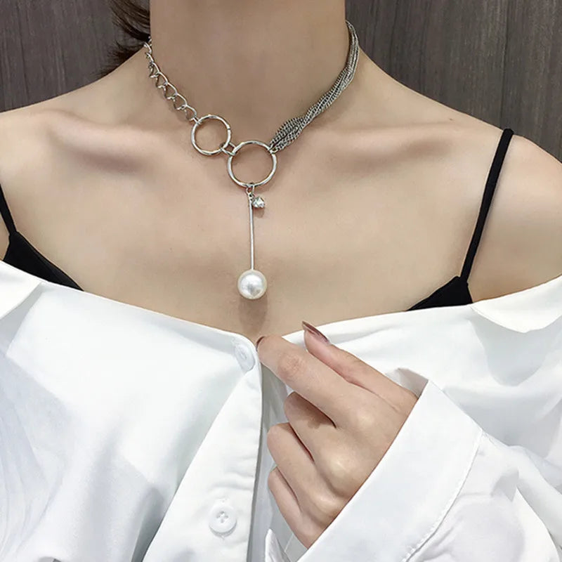 New Korean Pearl Necklaces for Women Gold Color Link Chain Choker Fashion Neck Accessories Elegant Collar Bijoux Femme