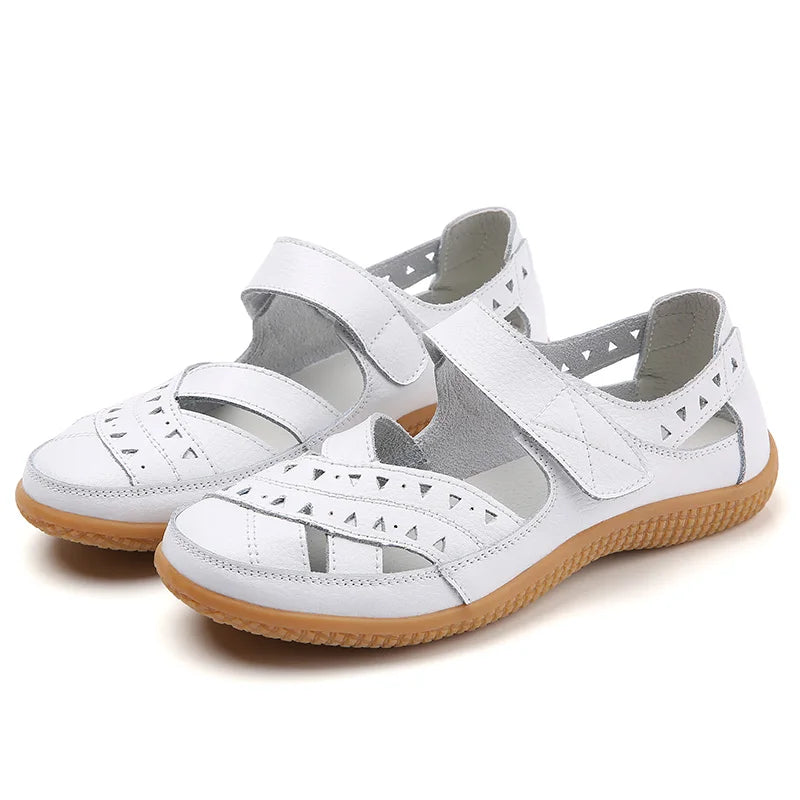 2021 New Women Sandals Leather Ladies Sandals Comfortable Flats Walking Sandals Covered Toe Beach Shoes Woman Footwear