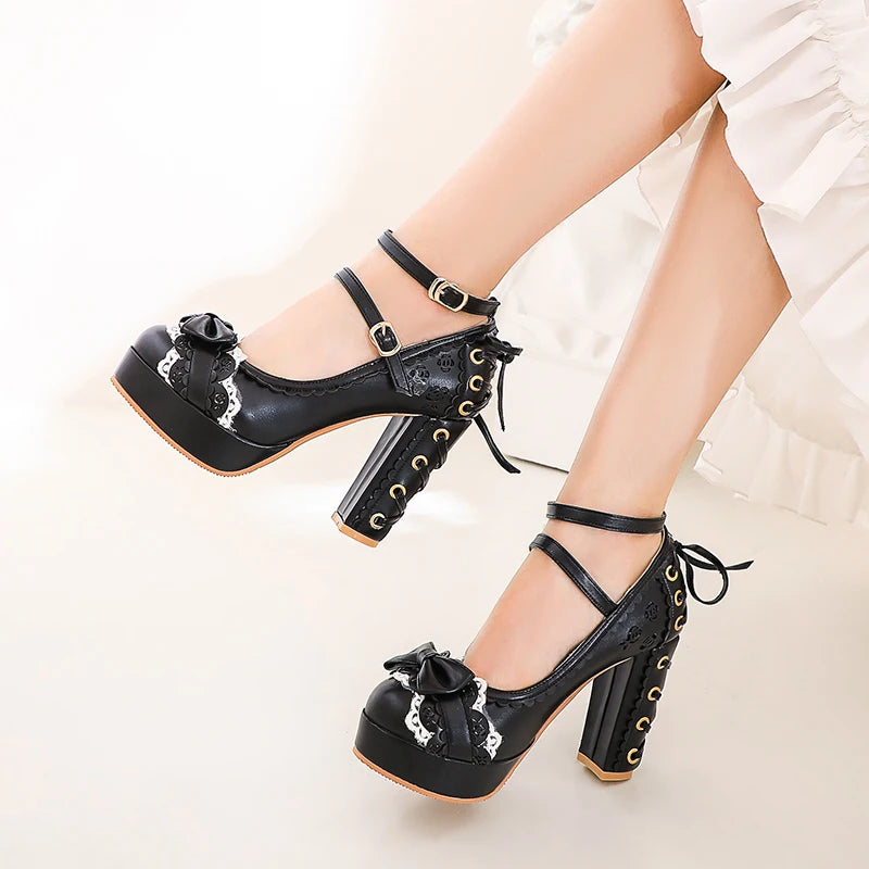 Spring Autumn Ladies Vintage Super High Heels Platform Lolita Shoes Cute Bow Lace Princess Mary Janes Party Buckle Women Pumps