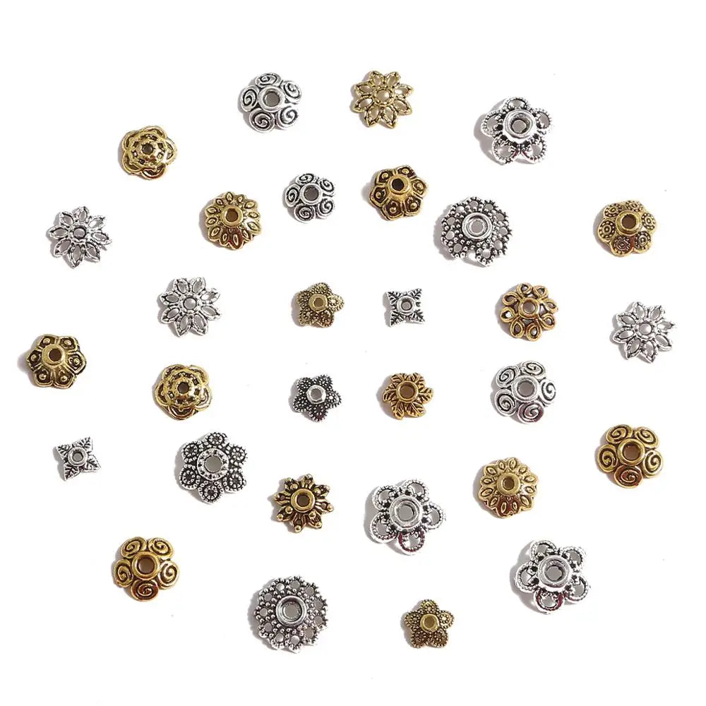50pcs Tibetan Antique Silver Color Gold Leaf Flower Bead End Caps For Jewelry Making Needlework Spacer Bead Caps DIY Accessories