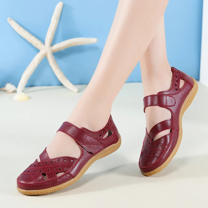 2021 New Women Sandals Leather Ladies Sandals Comfortable Flats Walking Sandals Covered Toe Beach Shoes Woman Footwear
