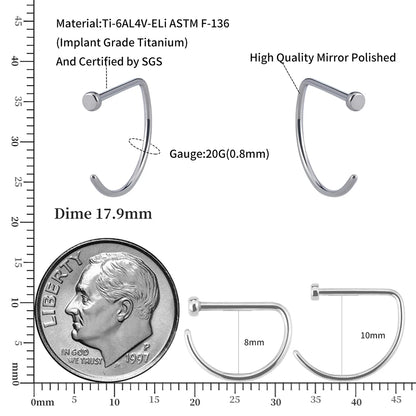 5pcs/lot Right Grand ASTM F136 Titanium 20G Open D Shape Nose Ring Hoop Tragus Cartilage Retainer Body Piercing Jewelry 8MM 10MM