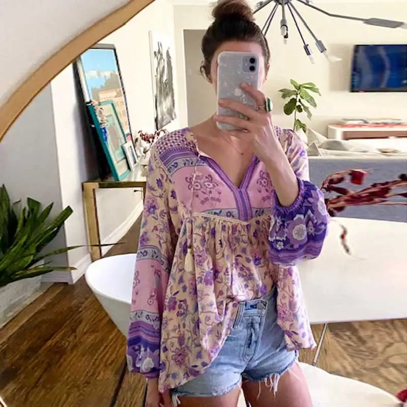 Super Chic pink floral boho blouse for women long sleeve V-neck tassle rayon womens tops and blouses bohemian women blouses