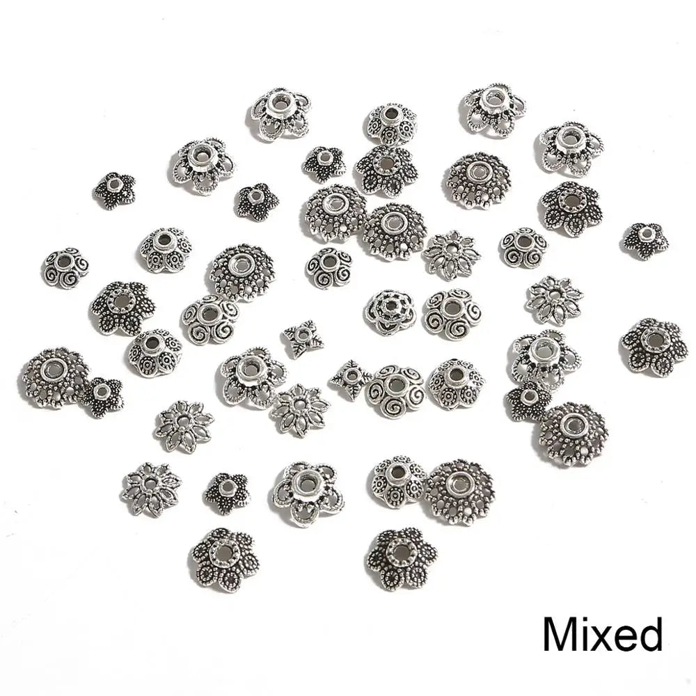 50pcs Tibetan Antique Silver Color Gold Leaf Flower Bead End Caps For Jewelry Making Needlework Spacer Bead Caps DIY Accessories