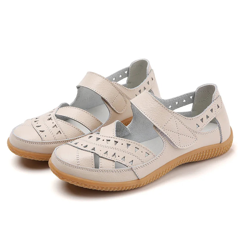 2021 New Women Sandals Leather Ladies Sandals Comfortable Flats Walking Sandals Covered Toe Beach Shoes Woman Footwear