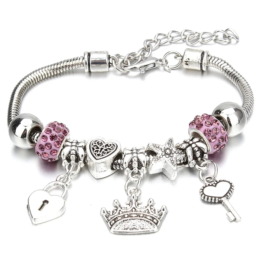 Charm Bracelet & Bangles Jewelry 6 Color Clay Zircon Ball Crown key lock Shape Beads Bracelets For Women Girl Friendship Gift