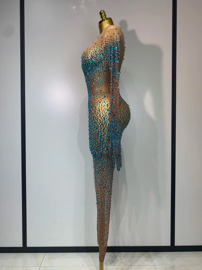 Luxury Rhinestones Bodycon Jumpsuit Sexy Women Mesh See Through Birthday Gown Women Bar Nightclub Dancer Stage Outfit