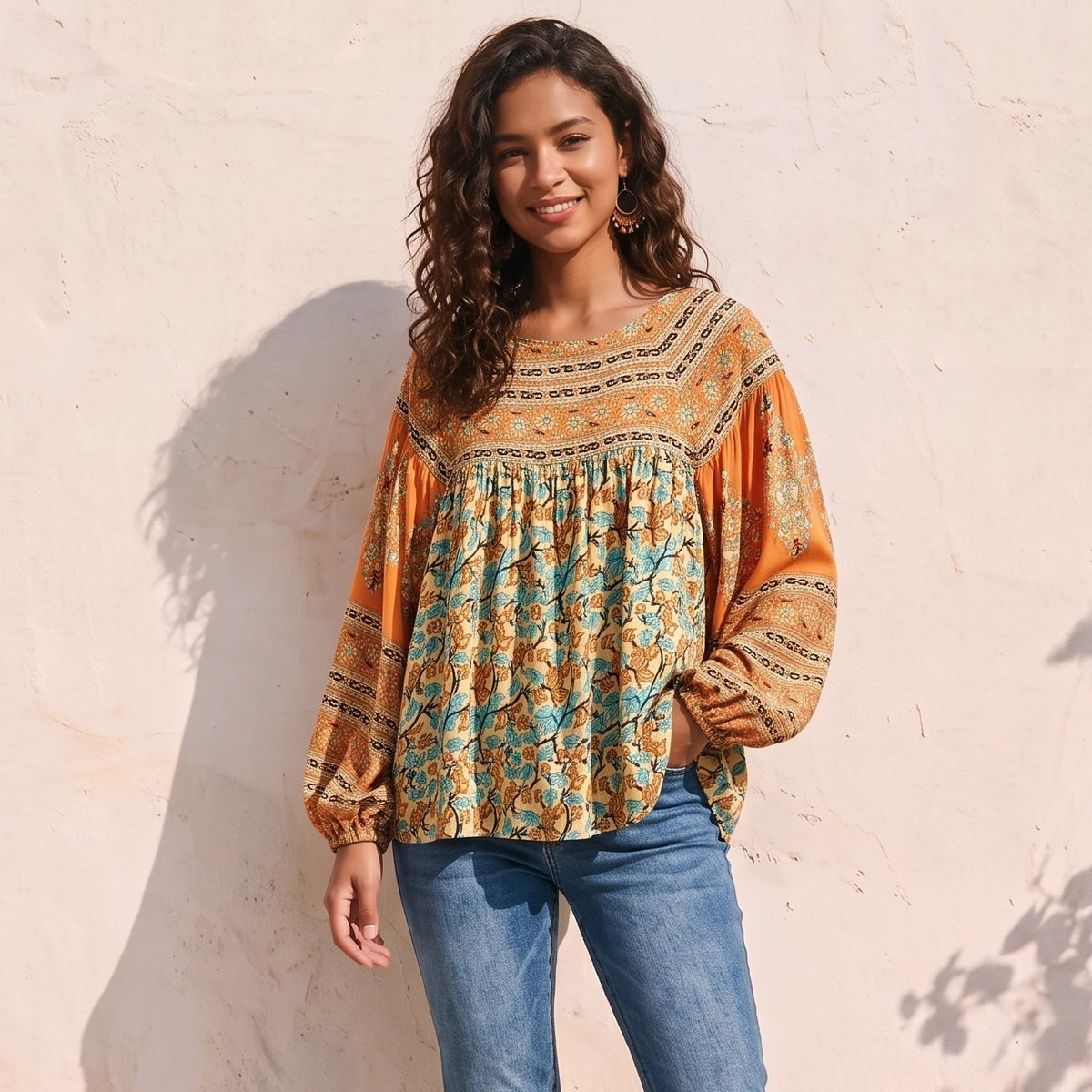 Vintage Chic Women Yellow Floral Print Long Sleeve Bohemian Blouse Shirt Loose Knited Boho Beach Rayon Cotton Blusa Tops