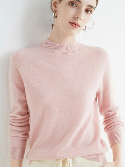 First-Line Seamless Women's Half-Turtleneck 100% Pure Wool Sweater Solid Color Long Sleeve Pullover Knitted Bottoming Sweater