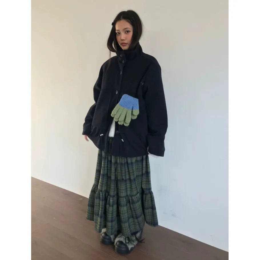 Women's Green Plaid Tiered Long Skirt