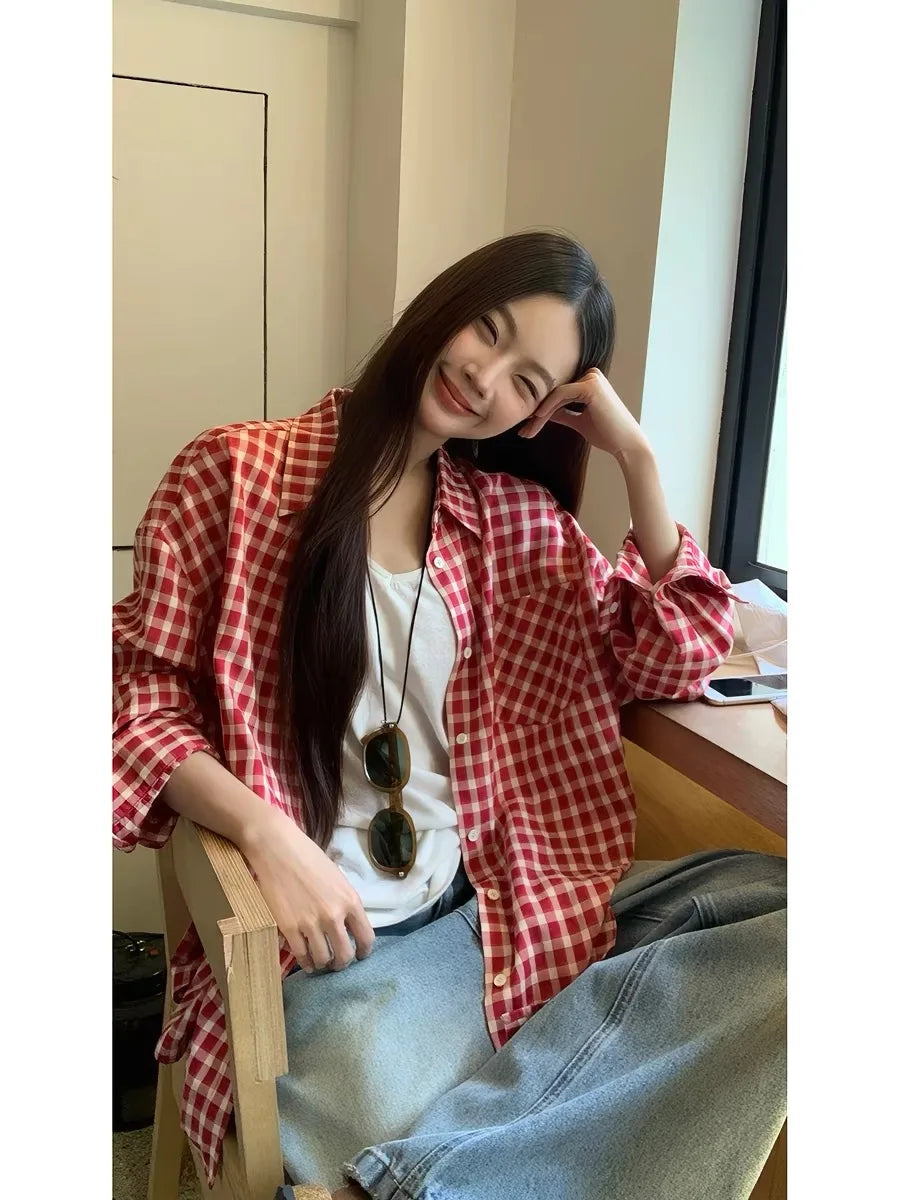 2026 Y2k Autumn Women New Vintage Red Plaid Turn-down Collar Over-shirt Long Sleeve Streetwear Loose Patchwork Harajuku Blouses