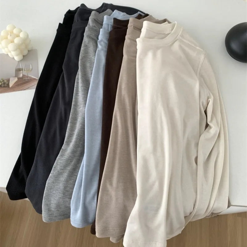 Silk Wool Splice Long Sleeve T-shirt Women Spring Summer Thin Soft Waxy Fit Solid Color Backing Top