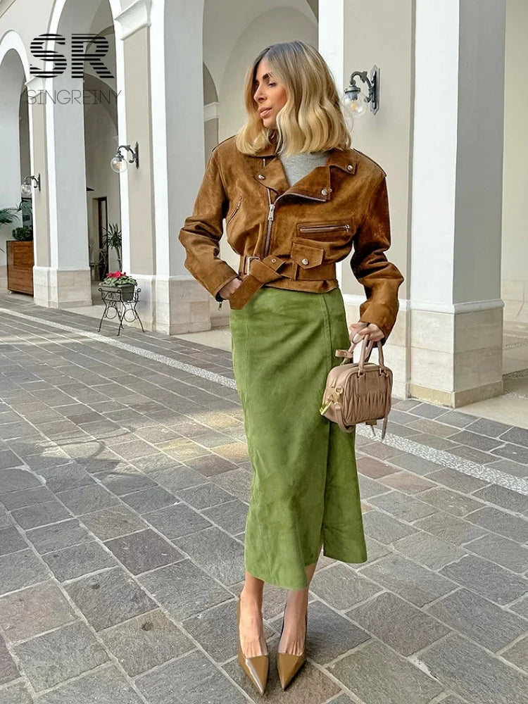 SINGREINY Avocado Green Suede Long Skirt Women Newest 2026 Autumn Minimalist Y2K Vintage Solid Warm Split Midi Skirts