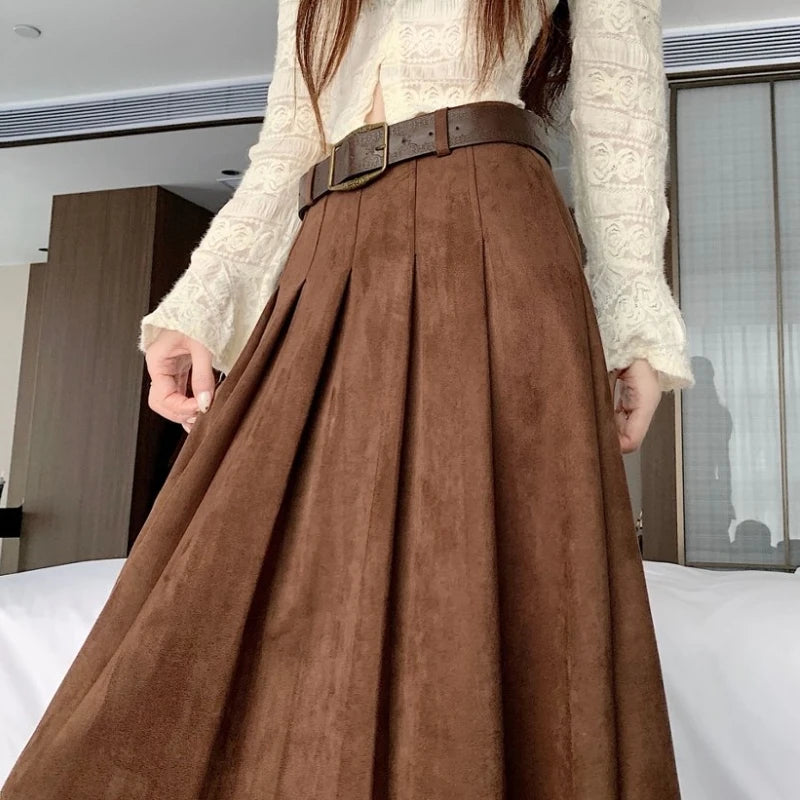 Qiukichonson Midi Long Skirts Womens Suede Skirt 2026 Autumn Winter Goth Vintage High Waist Ruffle Pleated Skirts Maxi With Belt