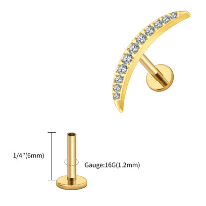 Right Grand ASTM F136 Titanium Long Crescent Moon Labret with CZ 16G Screw Back Climber Earring Helix Cartilage Tragus Piercing