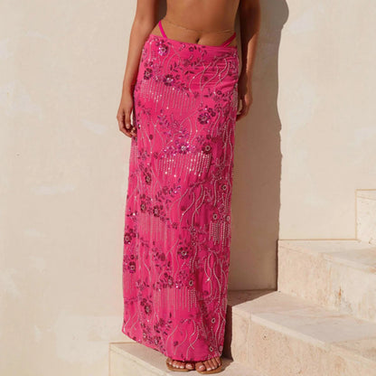 Elegant Beading Sequined Long Skirt for Women Summer Casual Floral Embroidery Maxi Straight Skirts for Beach Club Streetwear