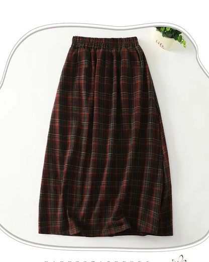 2025 Women's Autumn-Winter Vintage Check Tweed Mid-Length A-Line Umbrella-style Skirt With Wide Hips And Large Skirt Hem