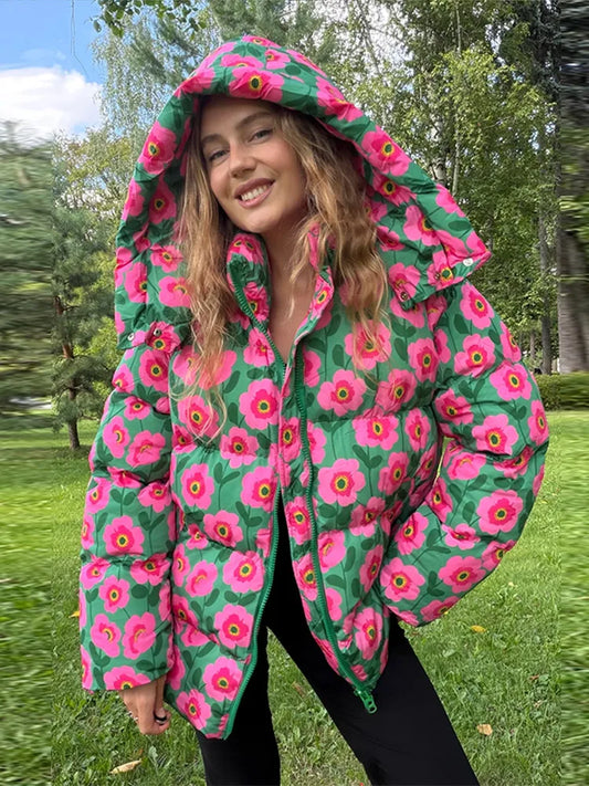 Fashion Printed Loose Thicken Coats Women Full Sleeve Zippers Hoodie Warm Outwears Female 2026 Autumn Winter Lady Jackets Chic