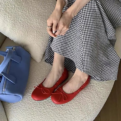 2026 Elegant Retro Red Bowknot Ballet Shoes for Women Soft Flat Loafers for Women's All Match Commuting Footwear Zapatos Mujer