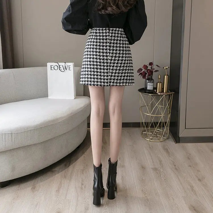 Women 2025 New Wool Houndstooth Short Skirt for Women in Autumn and Winter High-waisted Slim and Versatile A-line Hip-pack Skirt