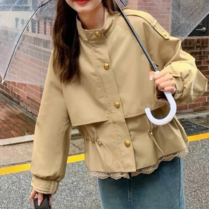 Lapel Women's Outerwear Waist Cinching Belted Jacket Drop Shoulder Cropped Cargo Trench Coat Meilaid Style Daily Fashion Wear