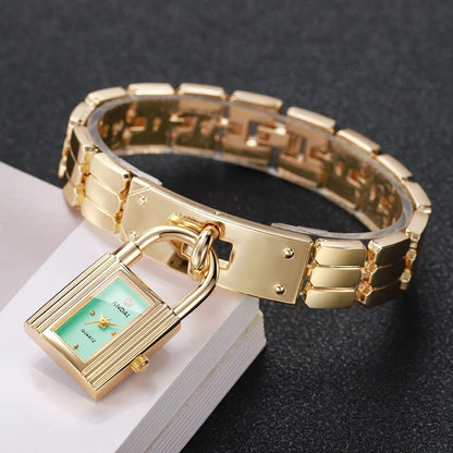 Fashion Blue Lock Shape Women Quartz Watch Golden Bracelet Strap Ladies Dress Wristwatches Clock Relogio Feminino（Without Box）