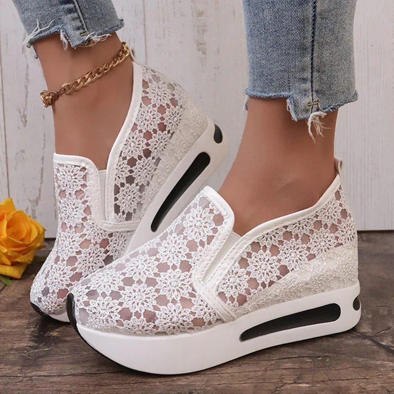 Fashion Embroidered Platform Sneakers for Women 2025 Summer Breathable Mesh Sports Shoes Woman Thick Sole Slip On Casual Shoes