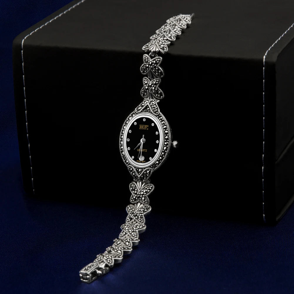 Solid 925 Sterling Silver Thailand Silver Marcasite Butterfly Style Luxury Wrist Watches Jewelry Women's Quartz Watches Bracelet