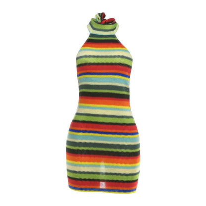 Cryptographic Striped Knit Halter Mini Dress Colorful Contrast Sleeveless Backless Summer Casual Clubwear Bodycon Short Dresses