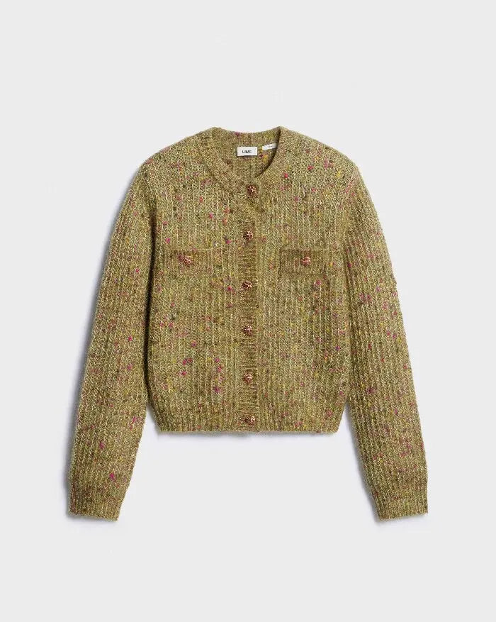 Women Cropped Knit Cardigan Speckled Round Neck Metal Button Front Long Sleeve Slim Fit Knit Jacket Casual Ladies Outerwear