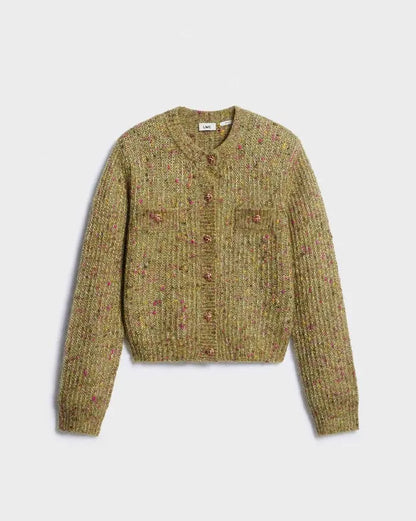 Women Cropped Knit Cardigan Speckled Round Neck Metal Button Front Long Sleeve Slim Fit Knit Jacket Casual Ladies Outerwear
