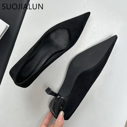 SUOJIALUN 2024 Autumn Pointed Toe Women Sexy Shallow Slip On Pumps Shoes Fashion Thin High Heel Ladies Elegant Dress Boat Shoes
