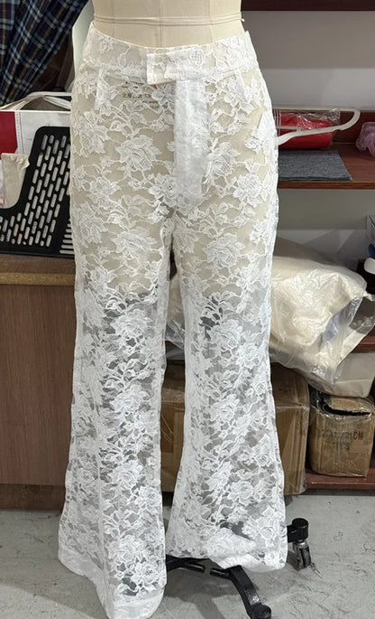 White Lace Embroidery Pant Suit Women Stand Neck Sleeveless Hollow-out Waist Cinching See Through Set Lady Summer Sheer Outfit