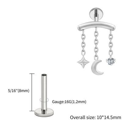 Right Grand ASTM F136 Titanium Hidden Helix Chain Earring 16G Dainty Star Moon CZ Dangle Cartilage Stud Piercing Jewelry